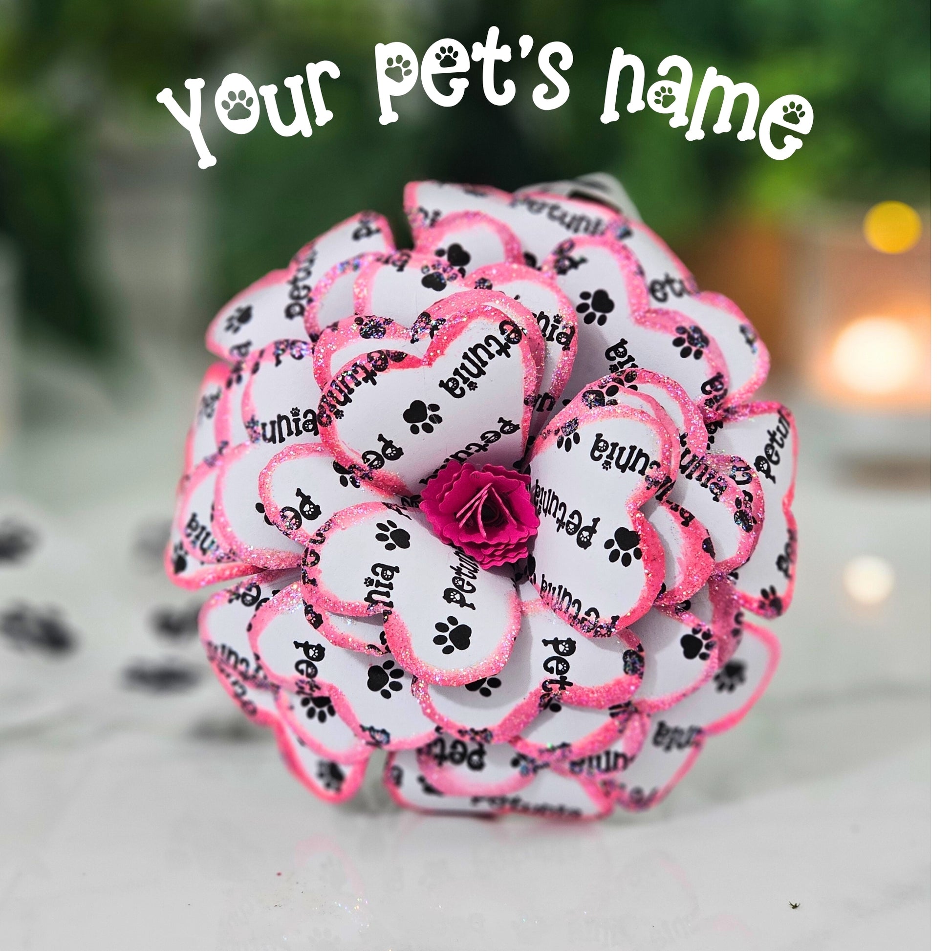 Personalized pet memorial rose with custom pet name on paw print ribbon