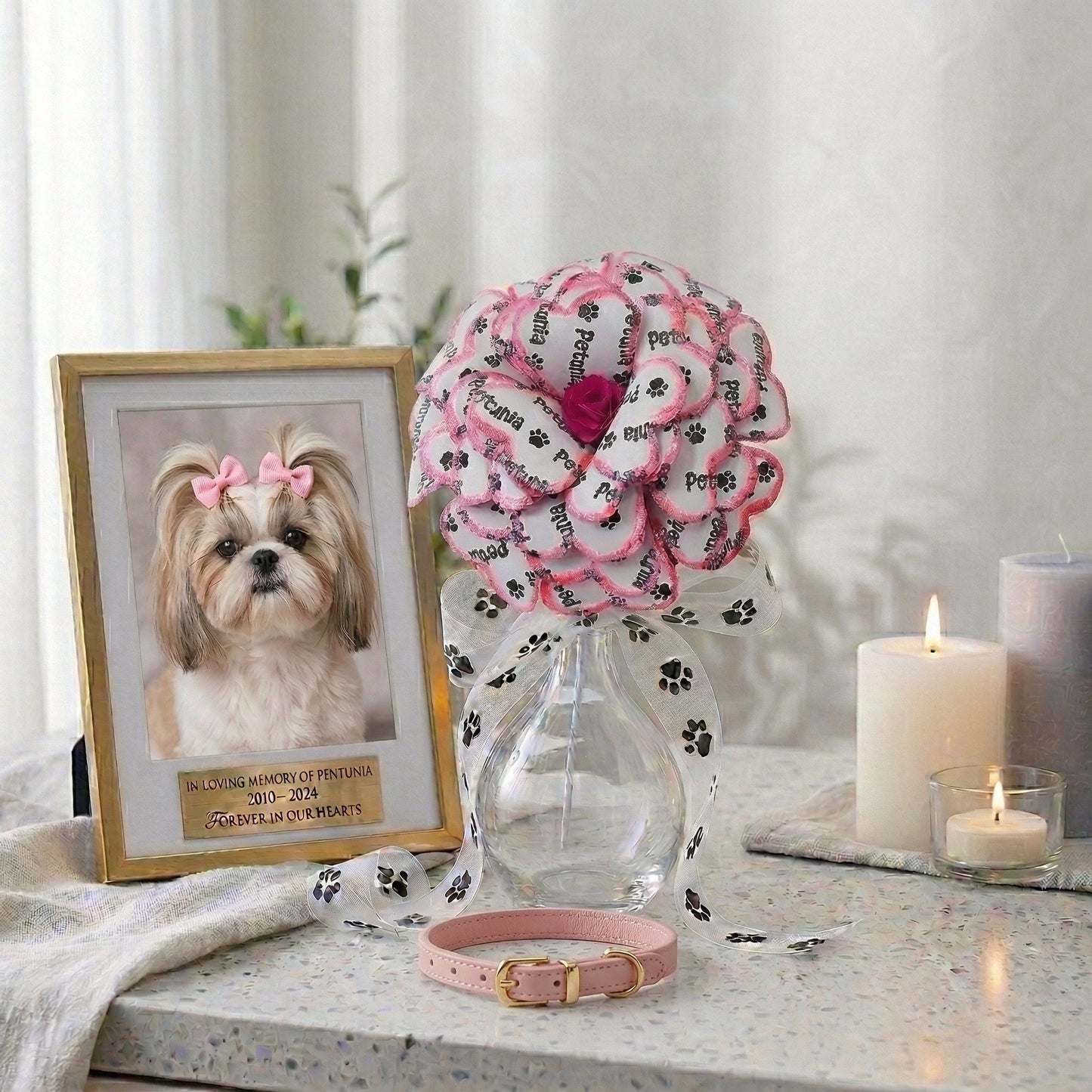 Personalized Pet Memorial Flower with Pink sparkly petals