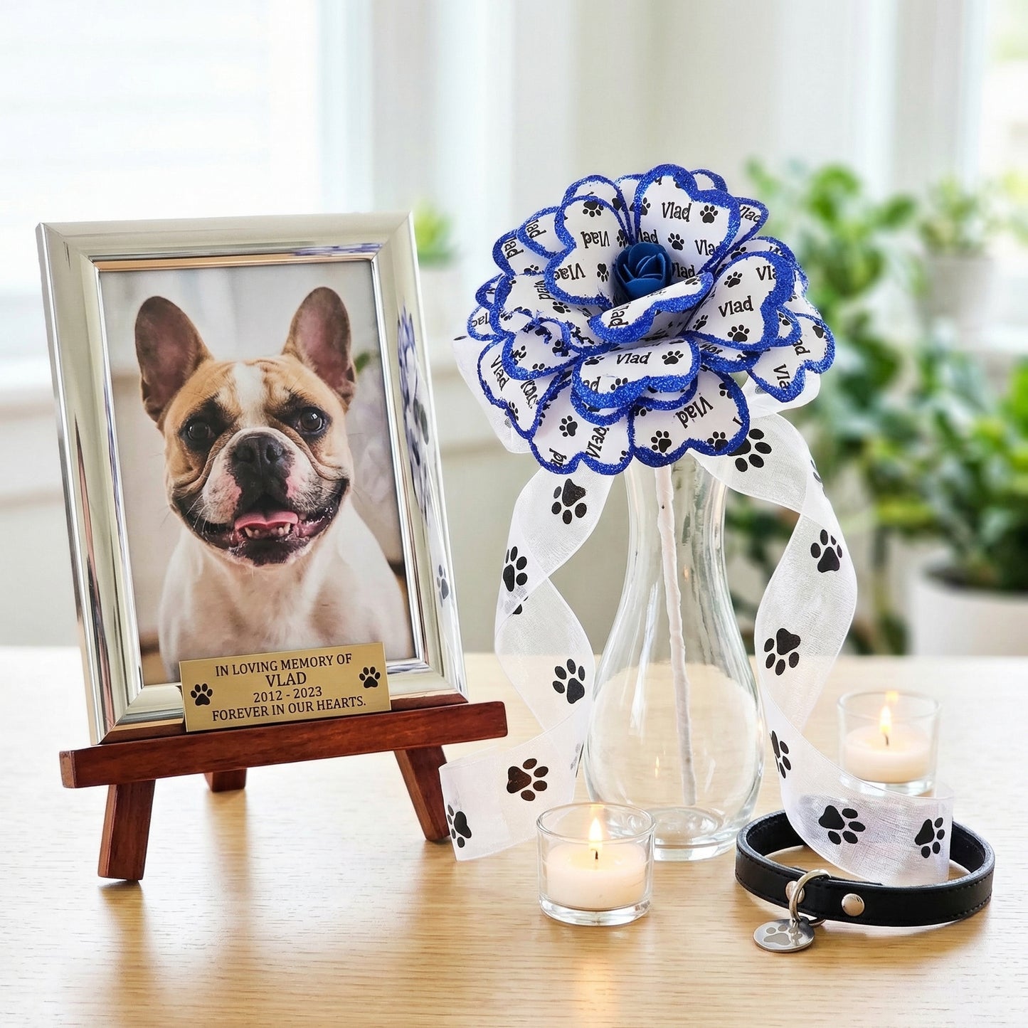 Personalized Pet Memorial Flower with Blue Sparkly Trim