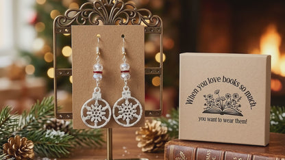 A Christmas Carol Snowflake Book Page Earrings with Glass Bead Accents