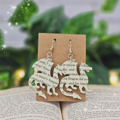 upcycled dragon shaped literary earrings