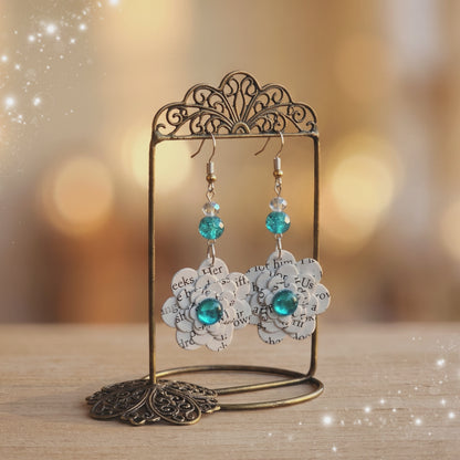Upcycled Book Page Flower Earrings with Turquoise Glass Beads