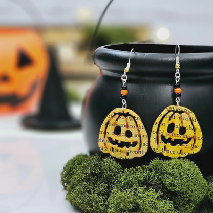 Pumpkin Book Page Dangle Earrings, Book Lover Gift Idea for Halloween