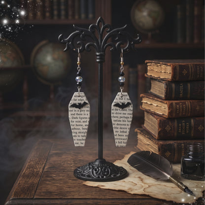 Coffin Book Page Earrings | Gothic Dark Academia Jewelry for Book Lovers