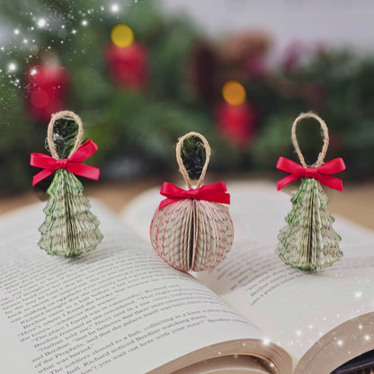 Tiny Book Page Christmas Tree Ornaments, Set of 3, Trees and Ball
