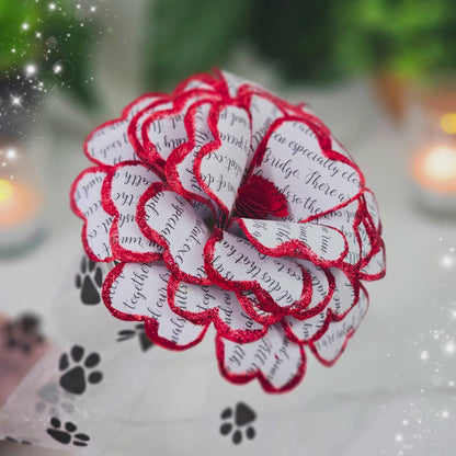 video of handmade rose, paper with the rainbow bridge poem painted on it, single stem flower in a gift box for pet loss gift