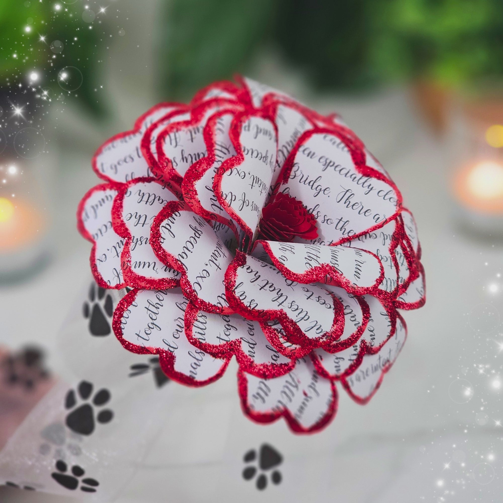 video of handmade rose, paper with the rainbow bridge poem painted on it, single stem flower in a gift box for pet loss gift