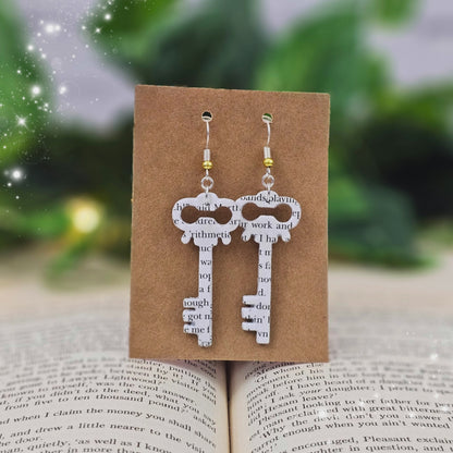 Book Lover Earrings in the shape of a key, handmade in small batches from literary classics