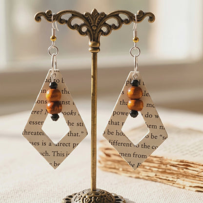 Diversity Book Page Diamond Dangle Earrings with Wood Bead Accents