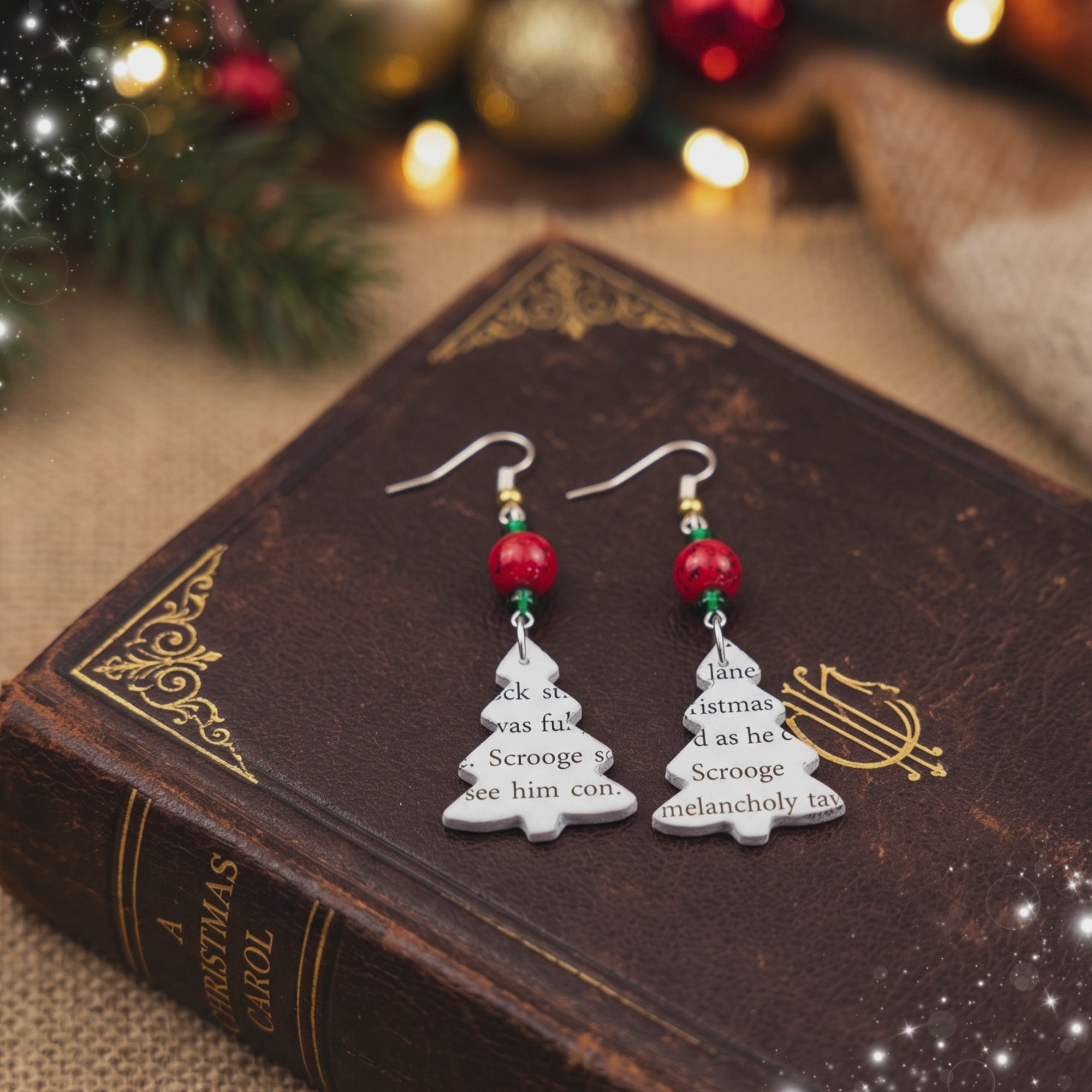 Video of Christmas Tree Earrings made from the pages of a Christmas Carol