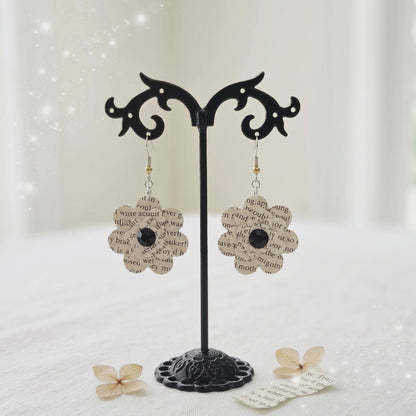 Black Flower Book Page Earrings | Literary Dangle Earrings for Book Lovers