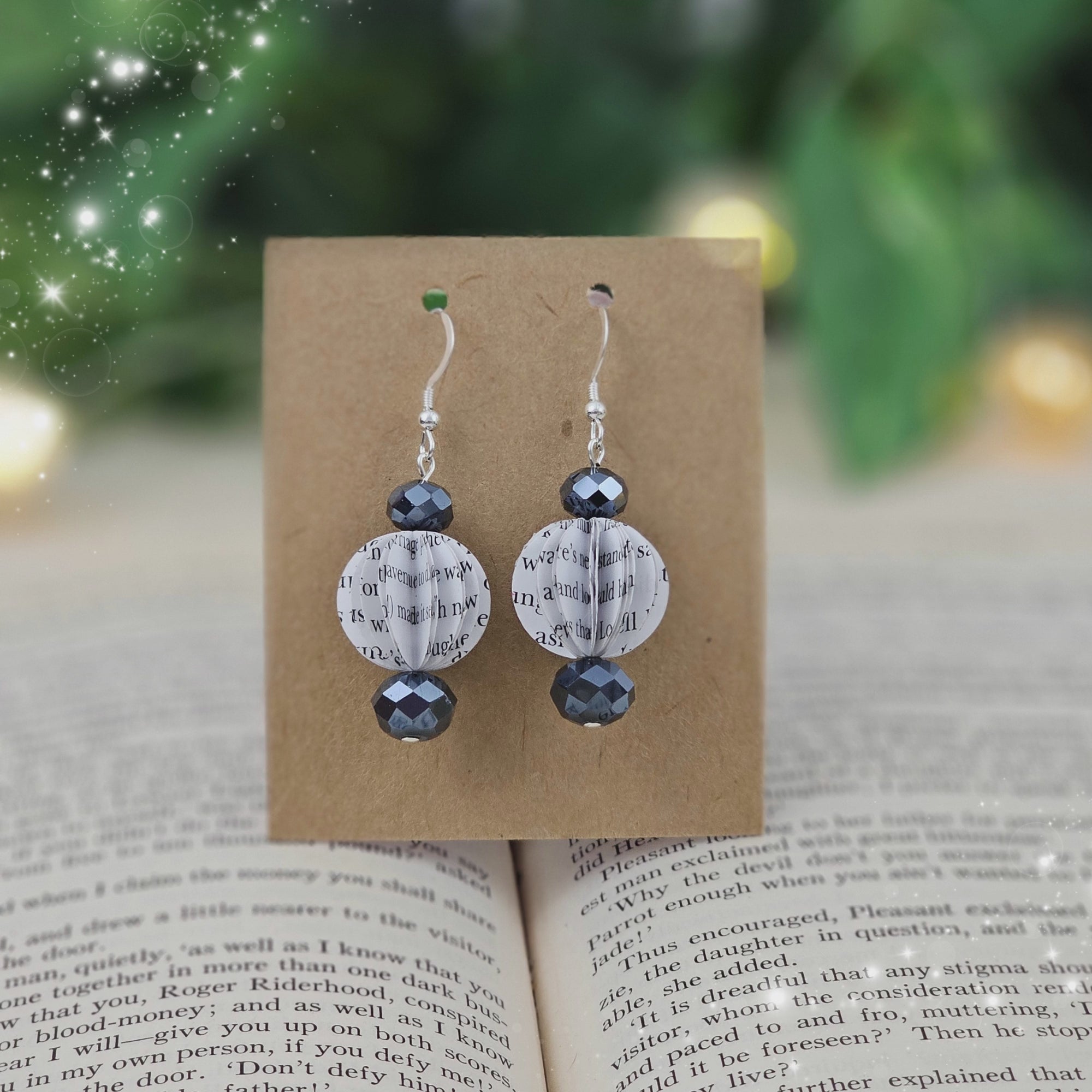 Handmade book page bead earrings with glass accents - literary gift for book lovers and teachers