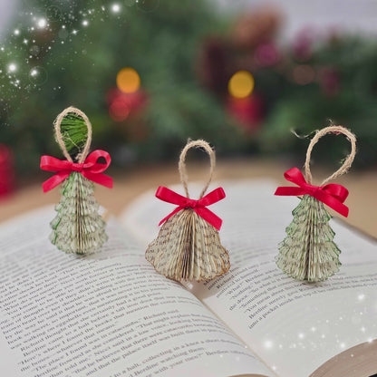 Tiny Book Page Christmas Tree Ornaments, Set of 3, Trees and Bell