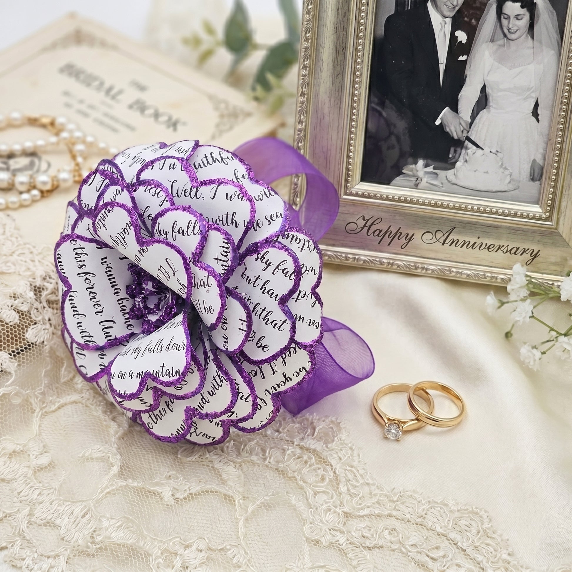 close up view of a purple customized handmade paper rose