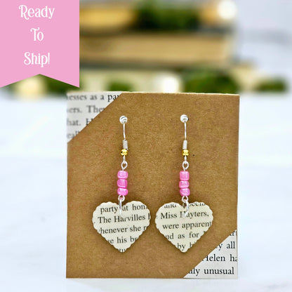 Heart Dangle Book Page Earrings for Book Lover, Teacher, 1st Anniversary or Book Club Gift