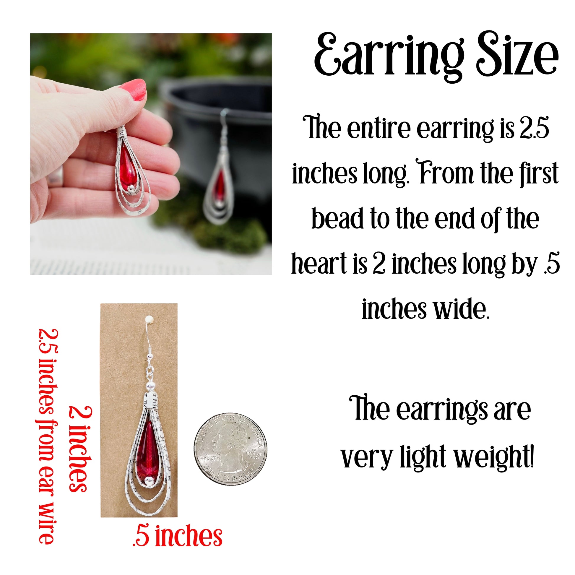 teardrop book page earrings with sterling silver ear wires and red glass bead, 2.5 inches long by .5 inches wide.  Very lightweight