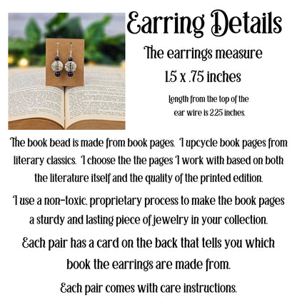 Book Page Earring details; 1.5 inches long by .75 inches wide.