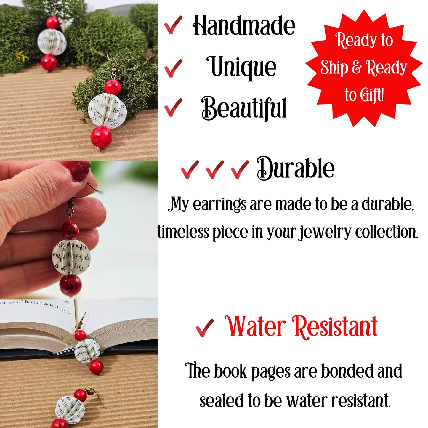 Red Turquoise Book Page Earrings