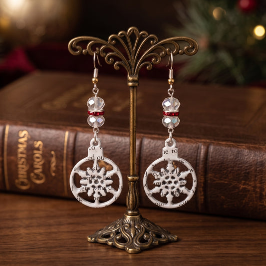 bookpage snowflake earrings made from the pages of A Christmas CArol by Charles Dickens