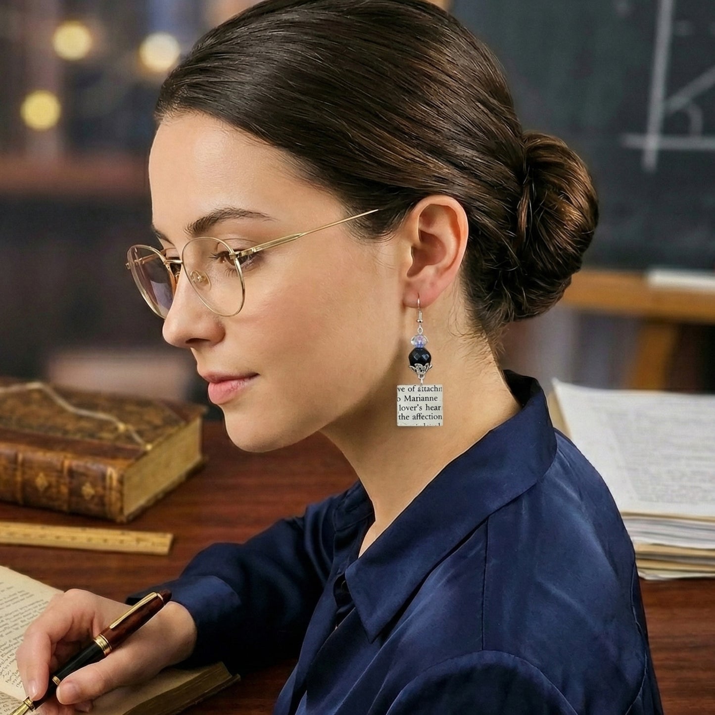 modeled shot of book page earrings