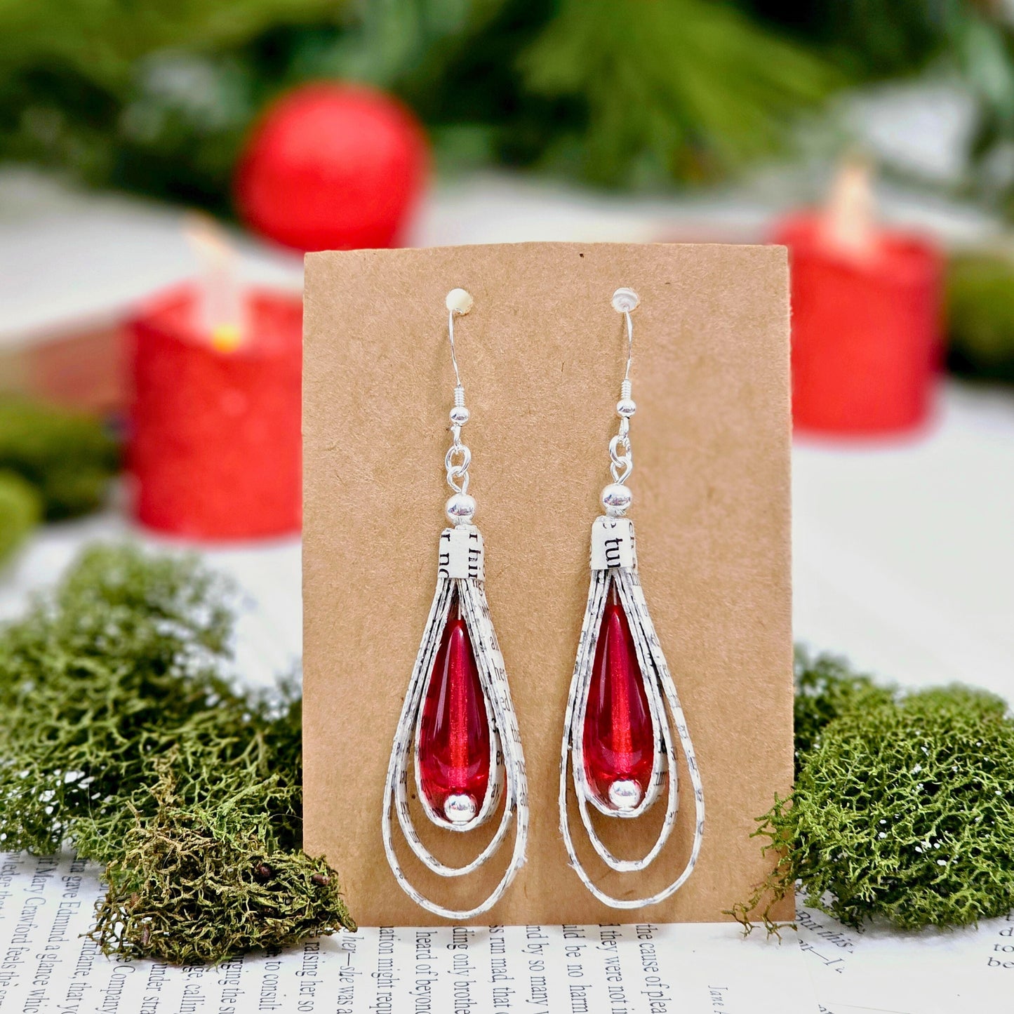 Book page jewelry teardrop earrings showing layered paper construction