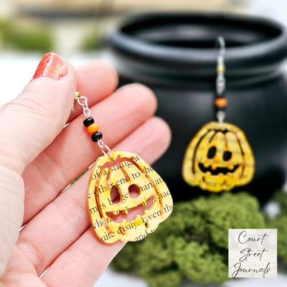 Pumpkin Book Page Dangle Earrings, Book Lover Gift Idea for Halloween