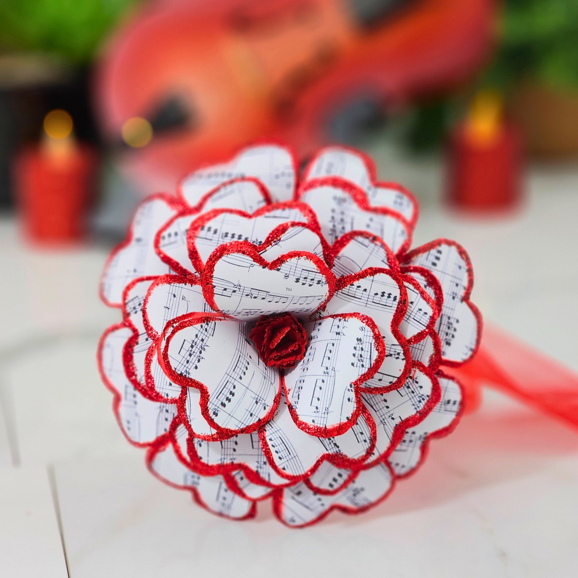 Sheet Music Paper flower with red stained edges with gentle sparkle for gift for music  teacher