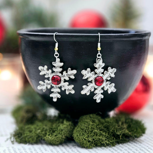 Snowflake Book Page Dangle Earring with Red Accent