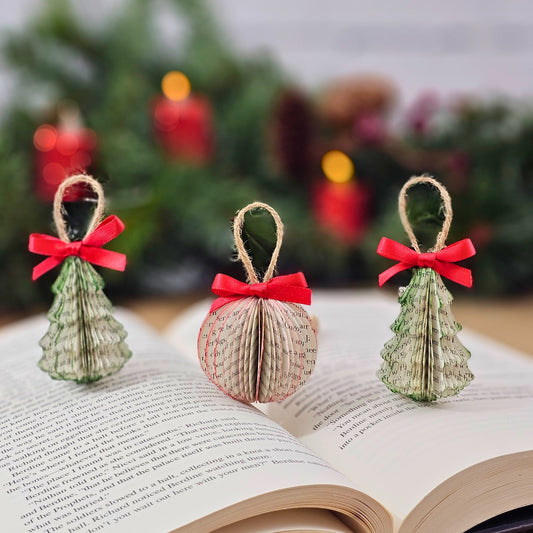 Tiny Book Page Christmas Tree Ornaments, Set of 3, Trees and Ball
