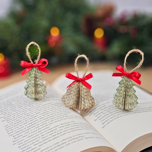 Tiny Book Page Christmas Tree Ornaments, Set of 3, Trees and Bell