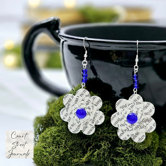 Flower Dangle Book Page Earrings for Teacher Appreciation, Book Lover or Book Club Gift Idea