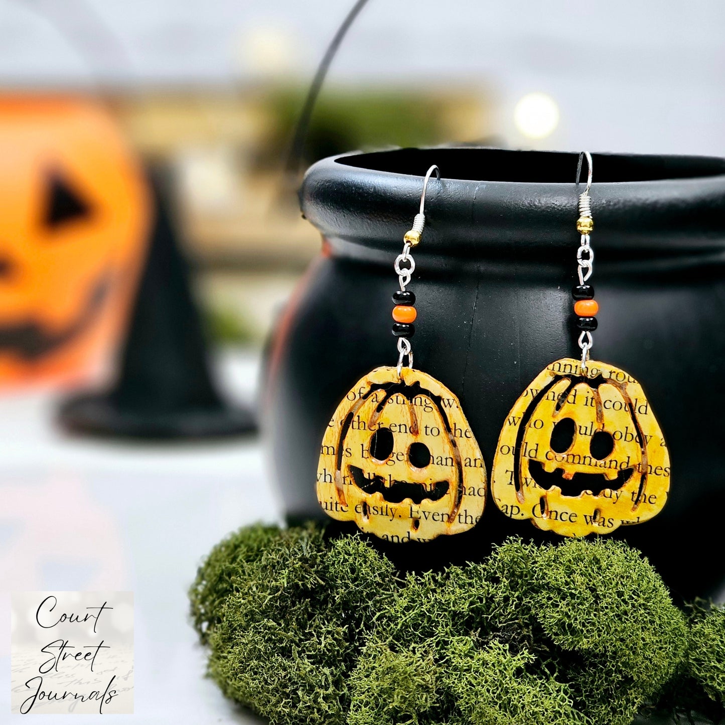 Pumpkin Book Page Dangle Earrings, Book Lover Gift Idea for Halloween