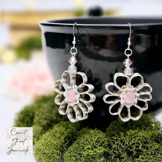 Flower Dangle Book Page Earrings for Book Lover Gift Idea