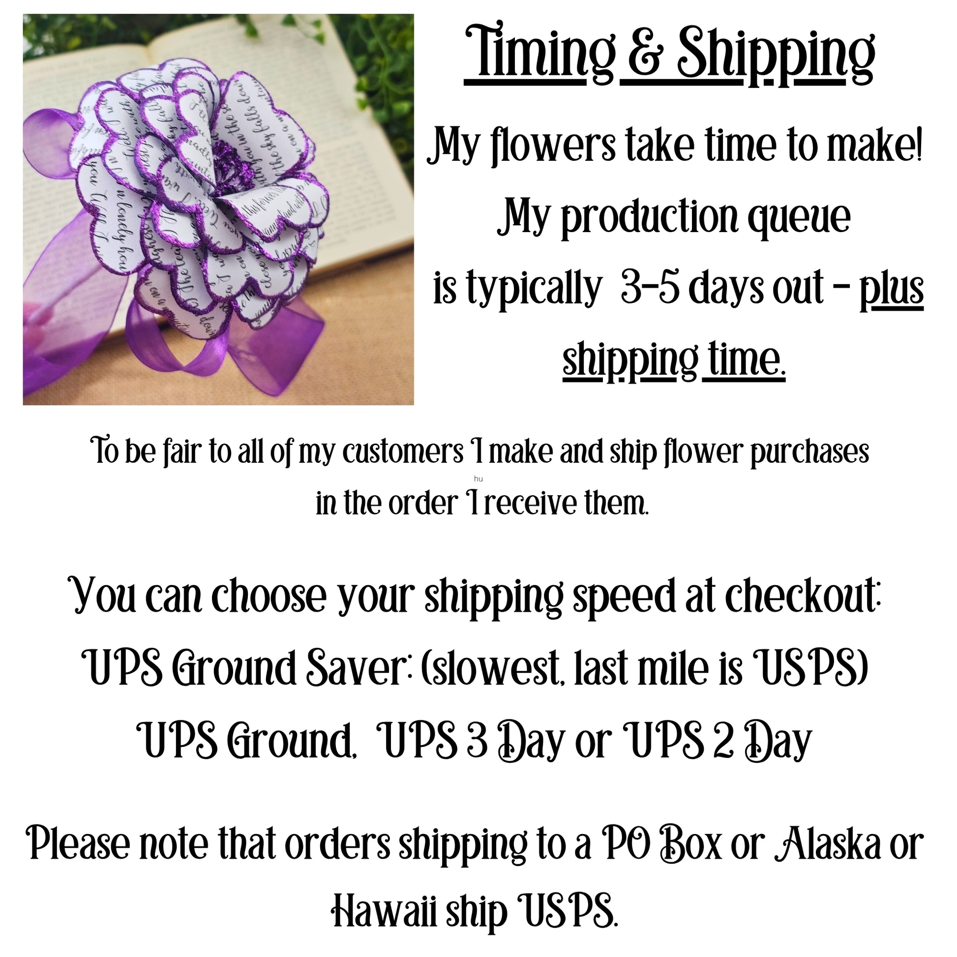 Flower arrangement with text about timing and shipping on a white background