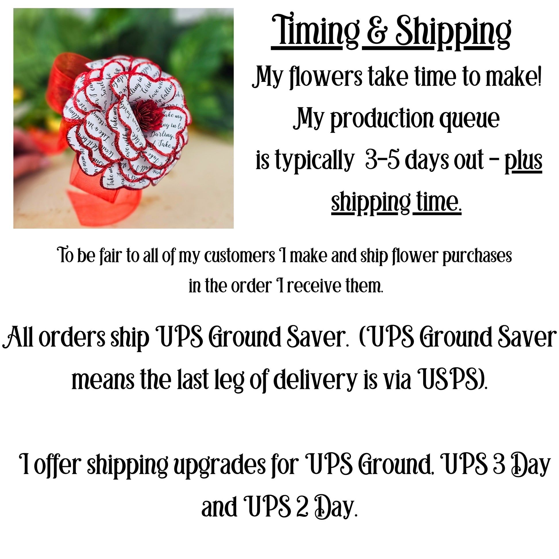 Timing and shipping information for paper song lyric roses - delivery details