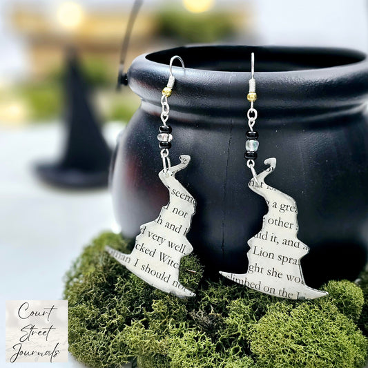 Witch hat book page earrings with glass bead accents made from pages from spooky stores